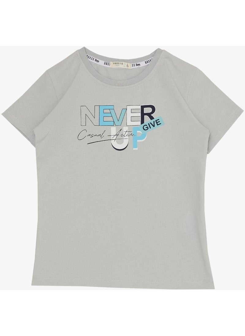 Boy Shorts Set with Text Printed Pockets, Age 8-14, Light Gray