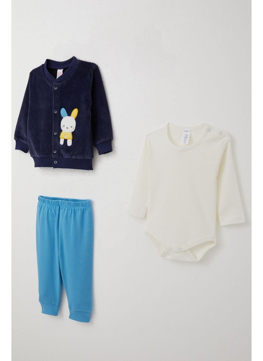 Baby Boy Bodysuit 3-Piece Set Cute Rabbit Embroidered 4 Months-1 Years, Navy Blue