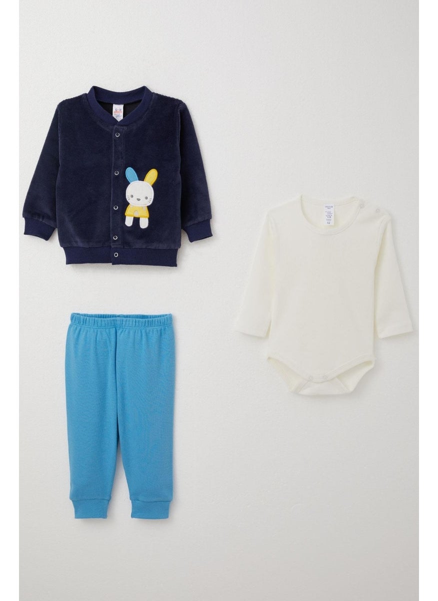 Baby Boy Bodysuit 3-Piece Set Cute Rabbit Embroidered 4 Months-1 Years, Navy Blue