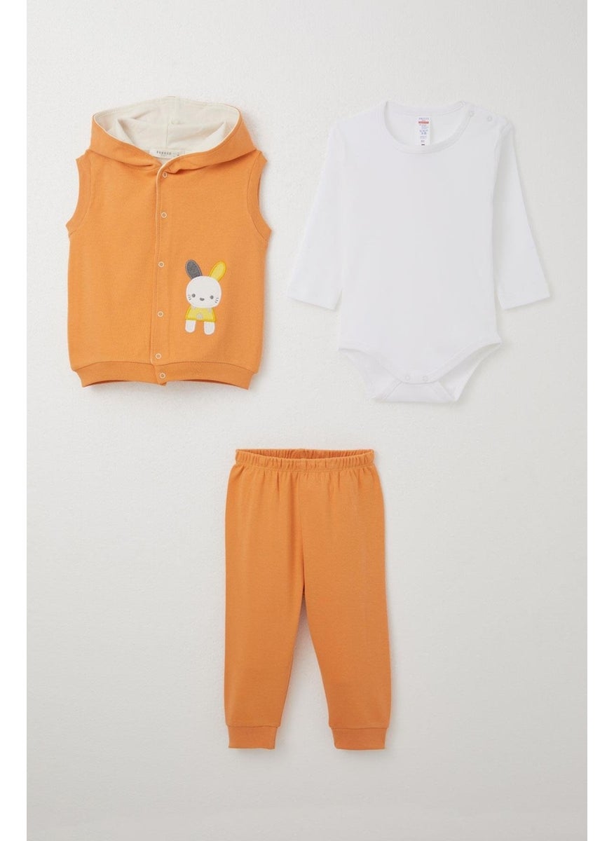 Baby Boy Bodysuit 3-Piece Set Cute Bunny Embroidered Hooded 4 Months-1 Years, Orange