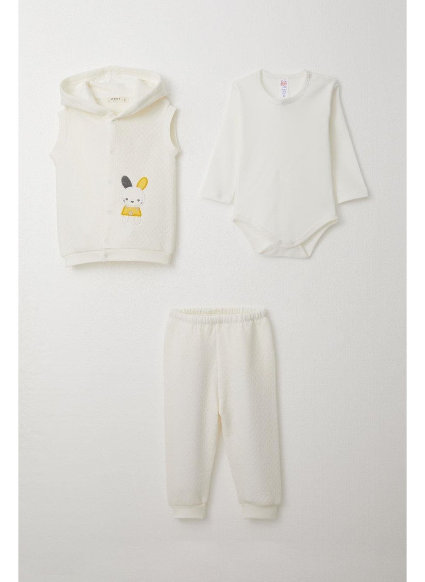 Baby Boy Bodysuit 3 Piece Set Bunny Embroidered Hooded 4 Months-1 Years, Ecru