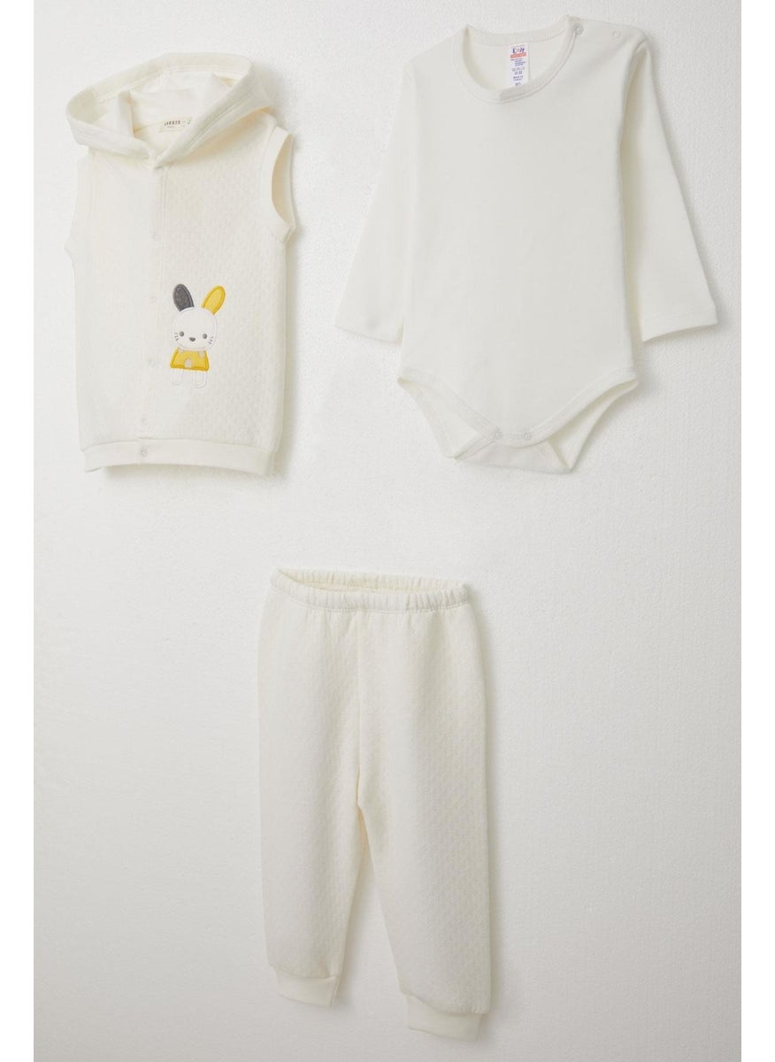 Baby Boy Bodysuit 3 Piece Set Bunny Embroidered Hooded 4 Months-1 Years, Ecru