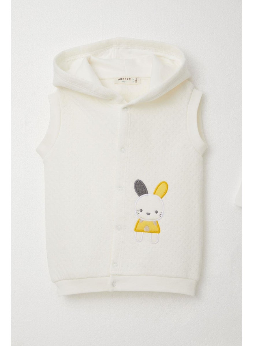 Baby Boy Bodysuit 3 Piece Set Bunny Embroidered Hooded 4 Months-1 Years, Ecru