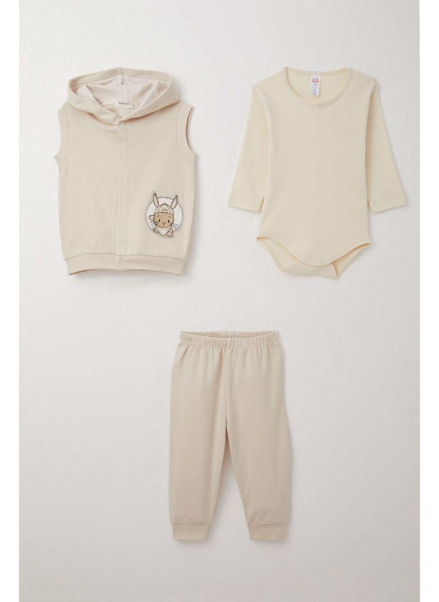 Baby Boy Bodysuit 3 Piece Set Cute Bunny Embroidered 4 Months-1 Years, Beige