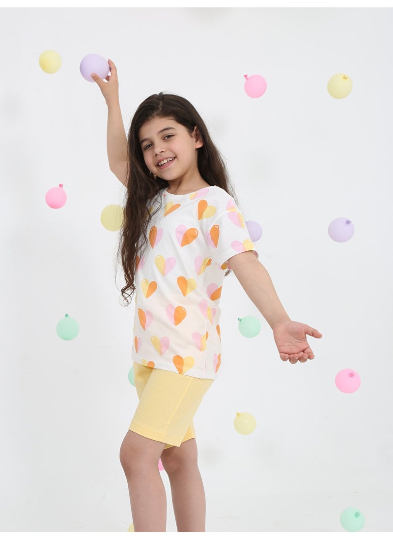 Girl Heart Patterned Shorts Set 2-7 Years Yellow