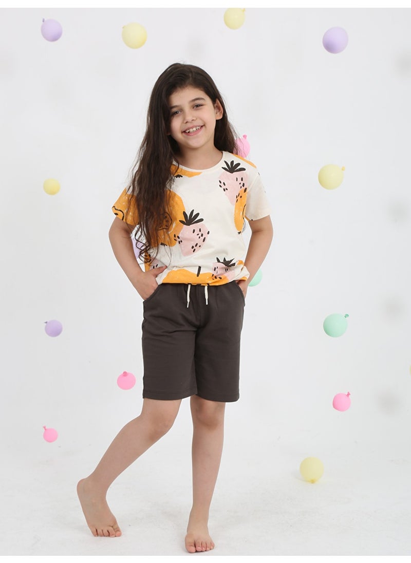 Girl Patterned Shorts Set 2-7 Years Brown