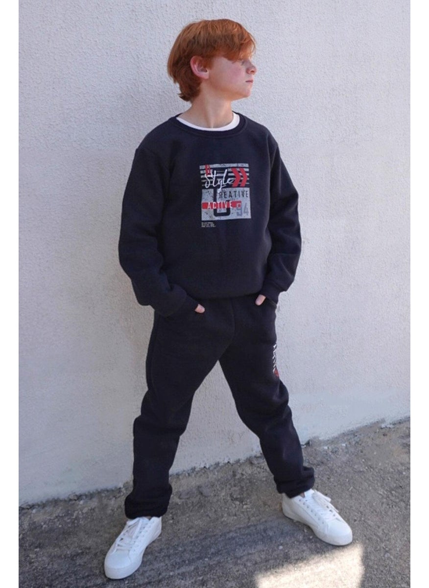 Boy's Tracksuit with Text Printed Lace Accessory 8-12 Years, Navy Blue