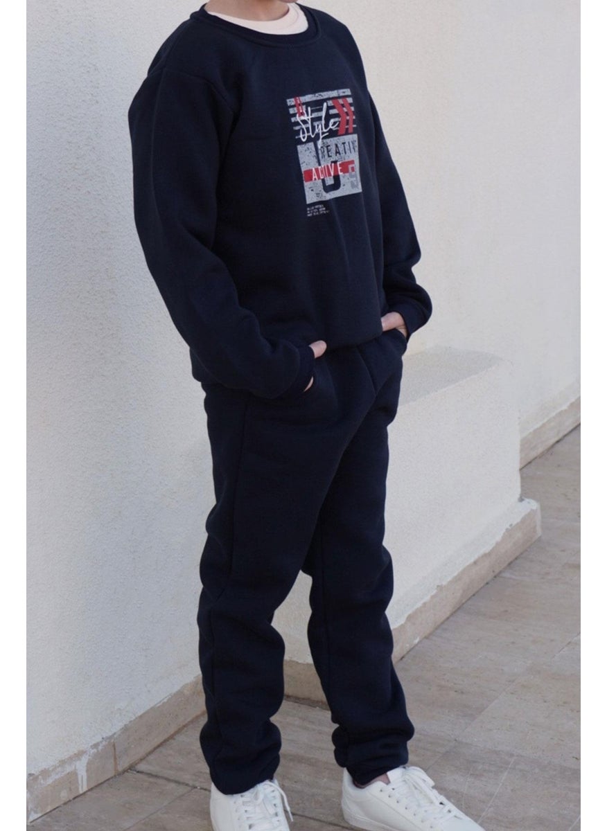 Boy's Tracksuit with Text Printed Lace Accessory 8-12 Years, Navy Blue