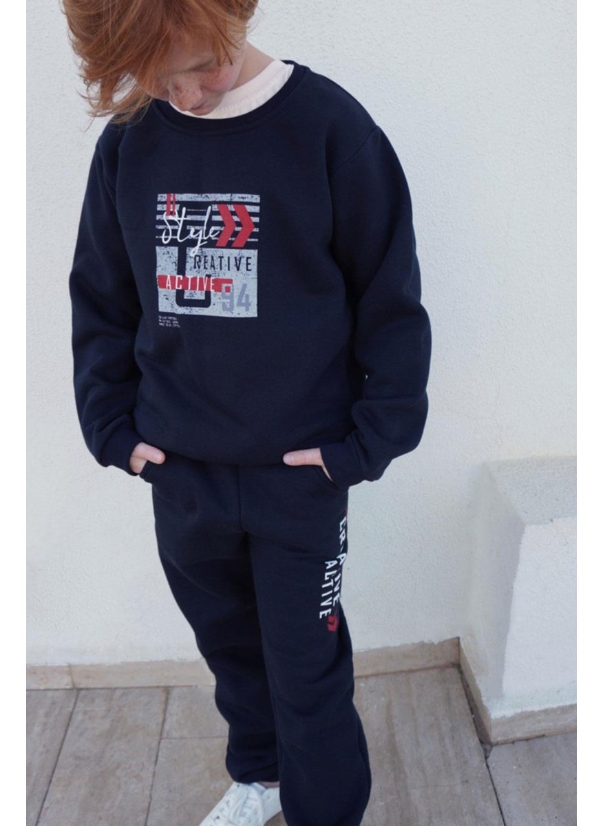 Boy's Tracksuit with Text Printed Lace Accessory 8-12 Years, Navy Blue