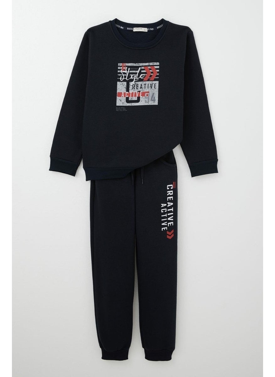 Boy's Tracksuit with Text Printed Lace Accessory 8-12 Years, Navy Blue