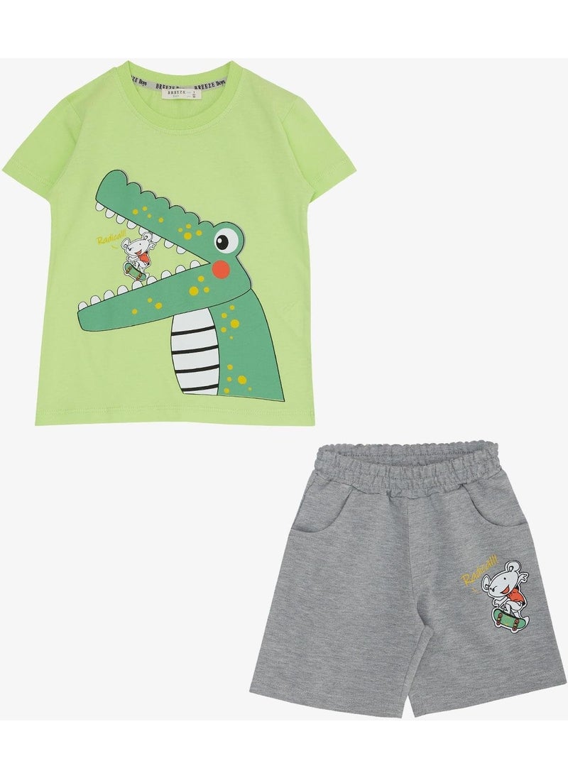Boy Shorts Set Skateboard Mouse & Cute Crocodile Printed 2-6 Years, Pistachio Green
