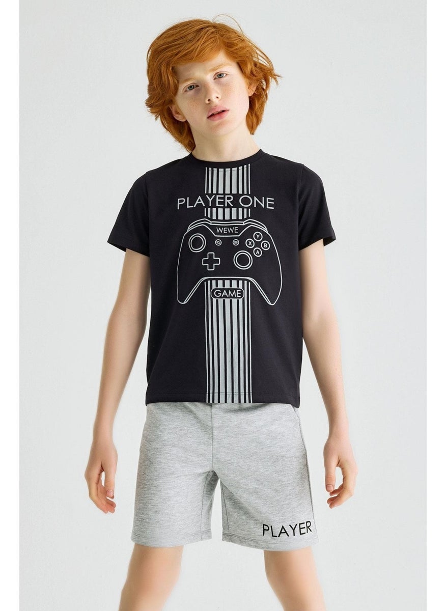 Pocket Detailed Text Printed Navy Blue Gray Color Boy Shorts Set