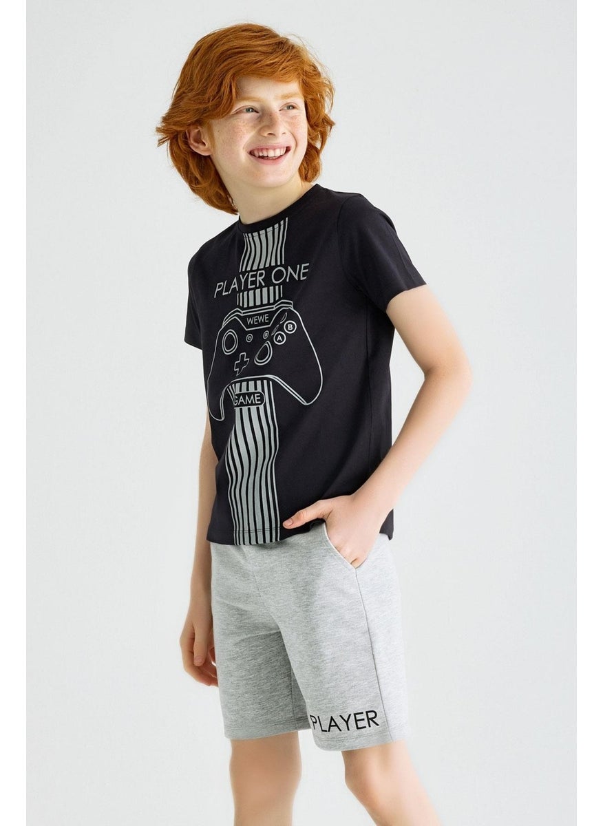 Pocket Detailed Text Printed Navy Blue Gray Color Boy Shorts Set