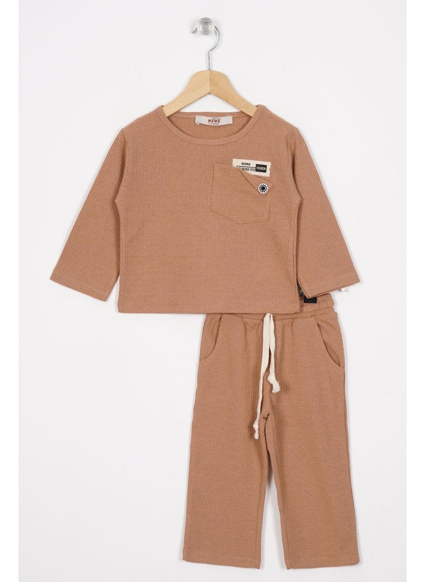 Crew Neck Long Sleeve Embroidered Sleeve and Leg Elastic Mink Color Boy's Two Piece Suit
