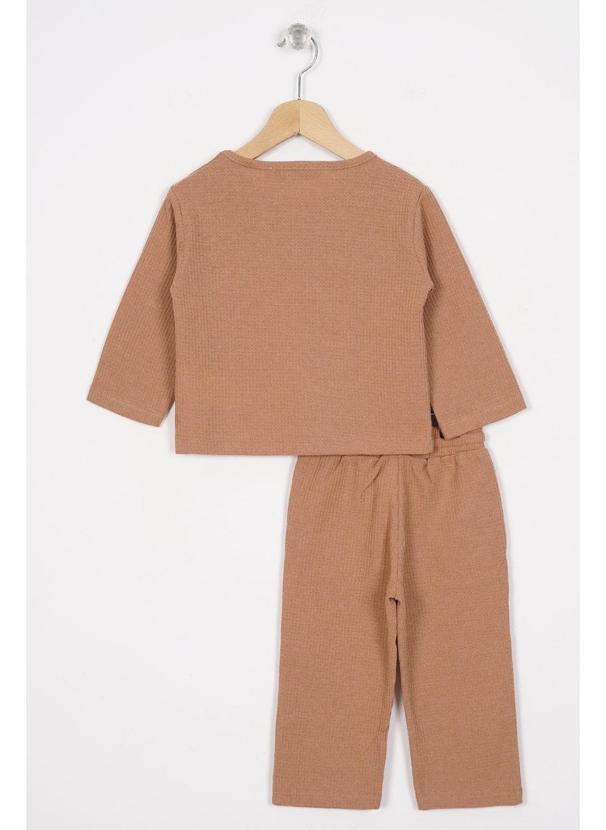 Crew Neck Long Sleeve Embroidered Sleeve and Leg Elastic Mink Color Boy's Two Piece Suit