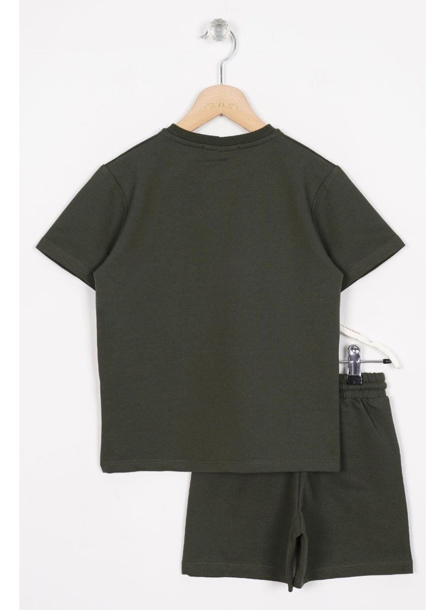 Crew Neck Short Sleeve Khaki Color Boy Shorts Set