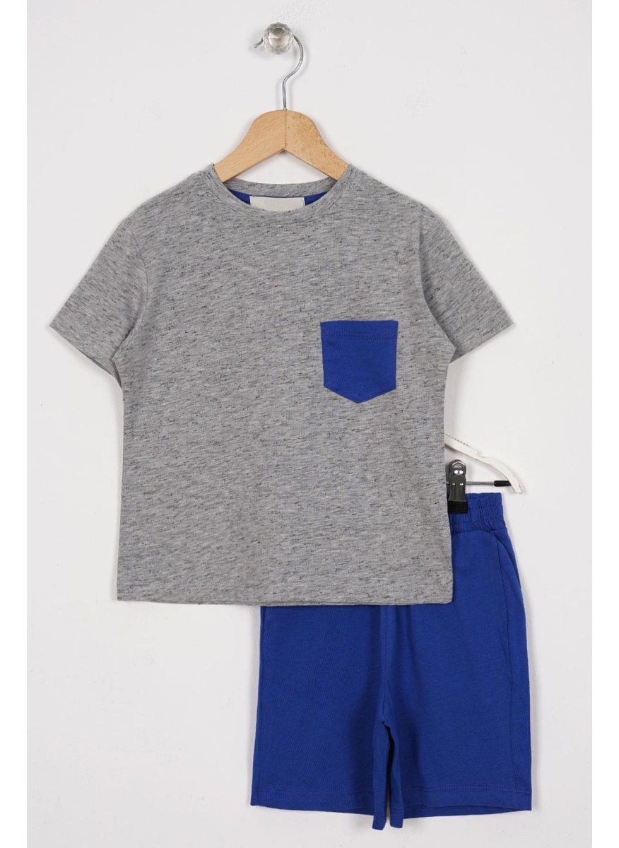 Pocket Detailed Gray Navy Blue Color Boy Shorts Set