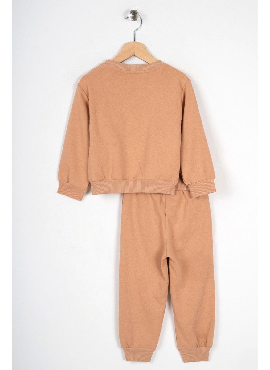 Boy Beige Teddy Bear Pocket Patched Tracksuit