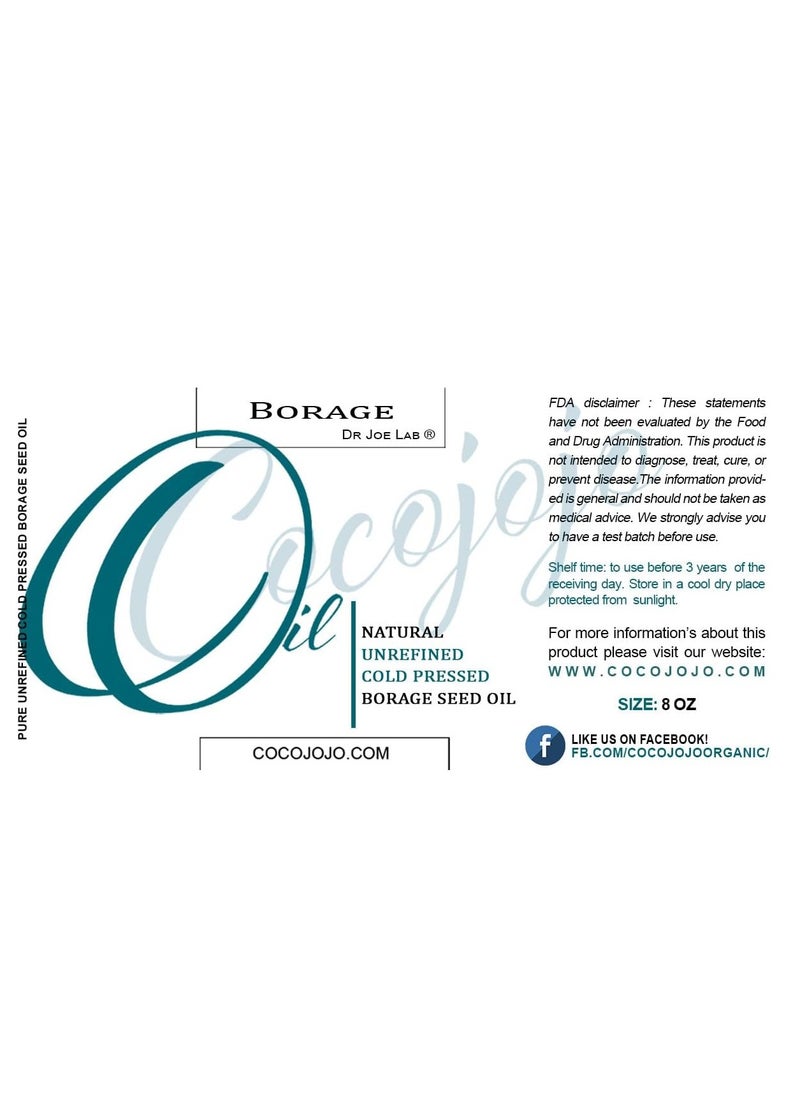Dr Joe Lab Borage Seed Oil - 8 oz - Pure Cold Pressed Non-GMO Carrier Oil for Skin Hair Nails Body Beard Face High GLA - All Skin and Hair Types - Packaging May Vary