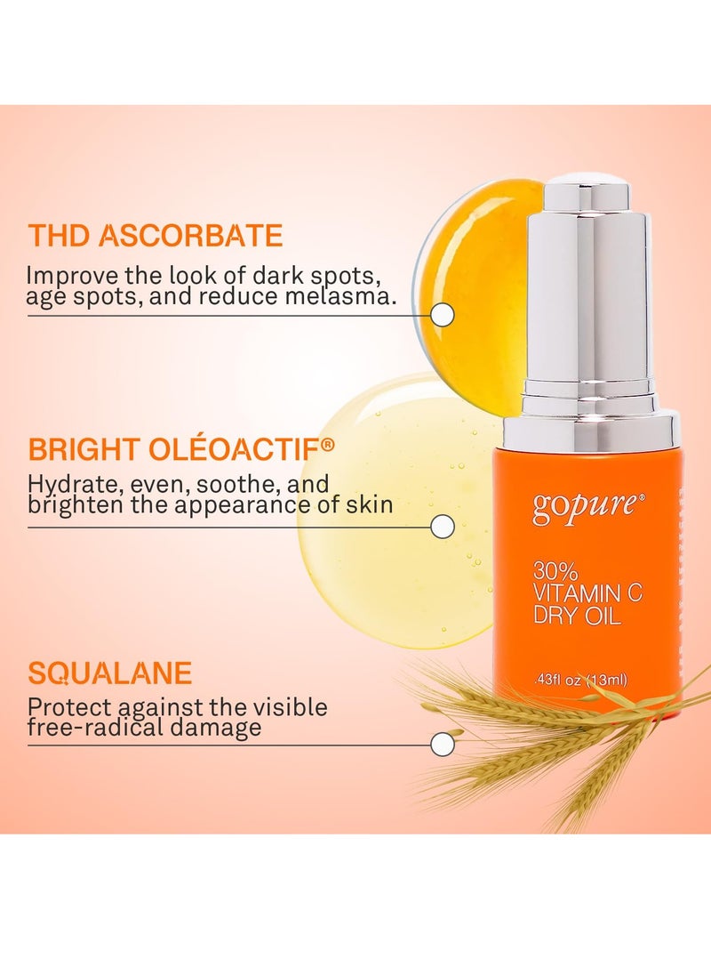 goPure 30% Vitamin C Dry Oil - Dark Spot Reducer with Anti-Aging Vitamin C Oil to Improve Fine Lines & Wrinkles with Moisturizing Squalane for Glowing & Youthful-Looking Skin - 0.43 fl oz