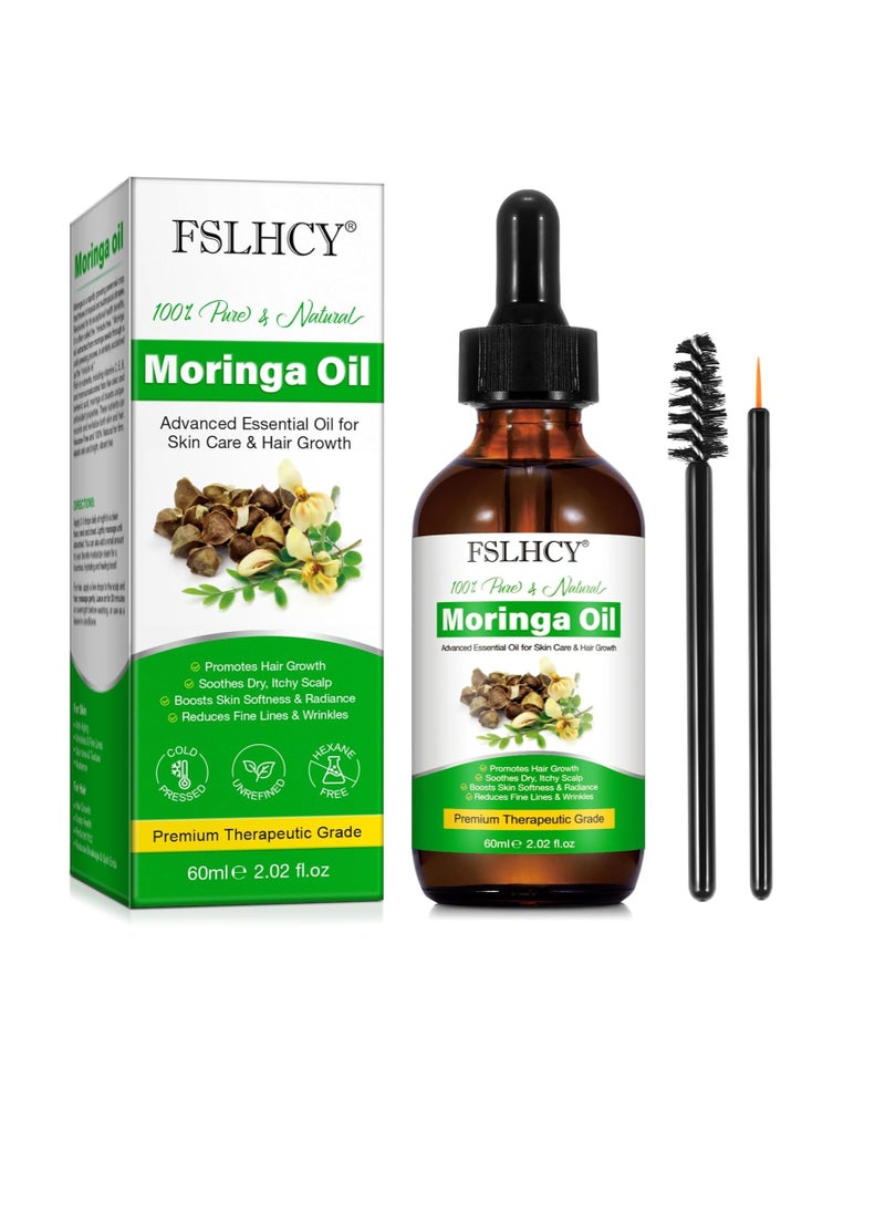 Moringa Oil Pure, Moringa Seed Oil for Face & Hair Growth & Moisturizer & Massage Oil Natural Cold Pressed Reduces Fine Lines, Antioxidant & Anti-ageing (60ML)