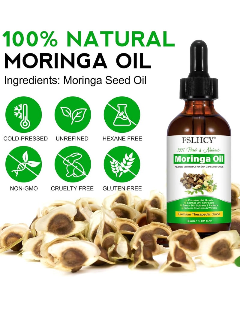 Moringa Oil Pure, Moringa Seed Oil for Face & Hair Growth & Moisturizer & Massage Oil Natural Cold Pressed Reduces Fine Lines, Antioxidant & Anti-ageing (60ML)