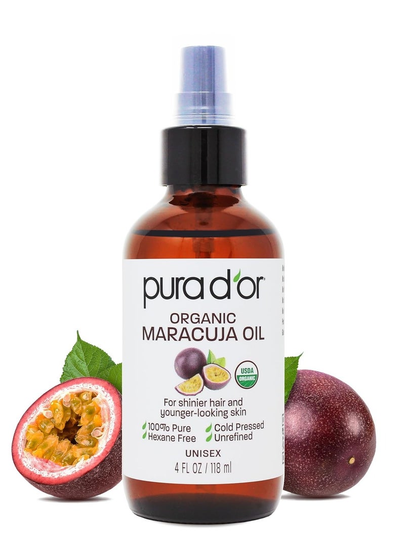 PURA D'OR 4 Oz Organic Maracuja Oil - Passion Fruit Seed Oil - 100% Pure USDA Certified Premium Grade Cold Pressed Body Oil For Hair, Skin & Face - Hydrating Therapy