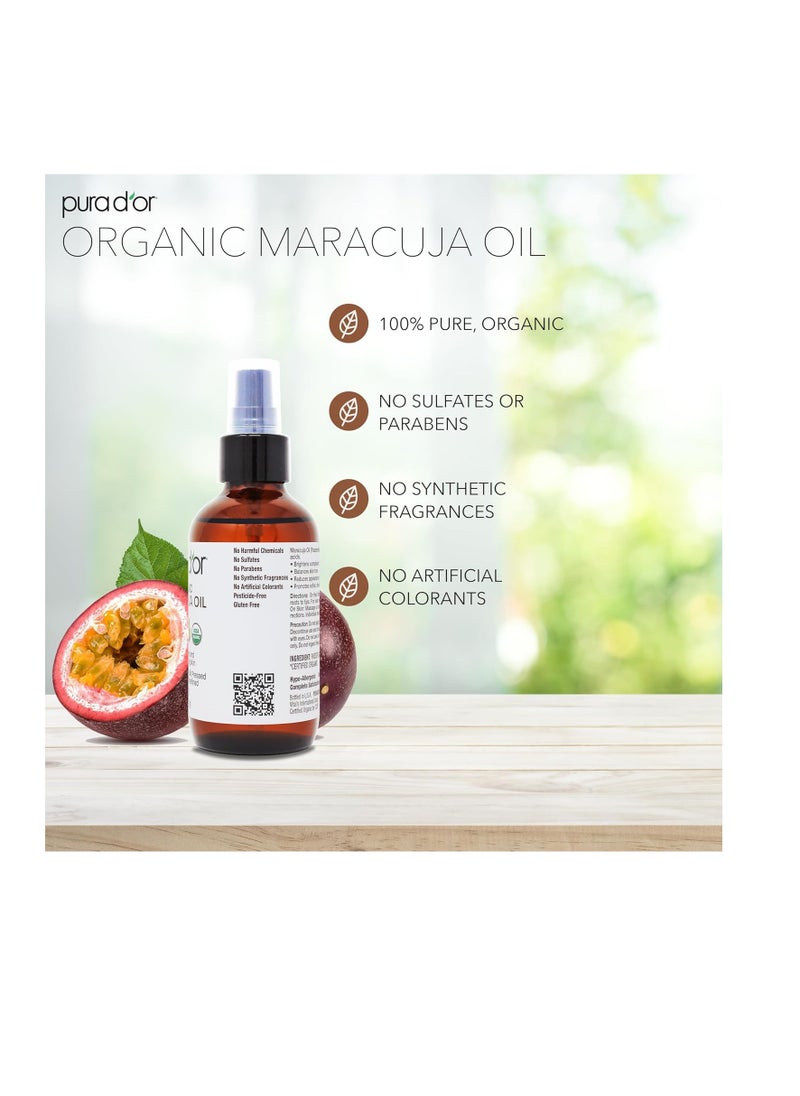 PURA D'OR 4 Oz Organic Maracuja Oil - Passion Fruit Seed Oil - 100% Pure USDA Certified Premium Grade Cold Pressed Body Oil For Hair, Skin & Face - Hydrating Therapy
