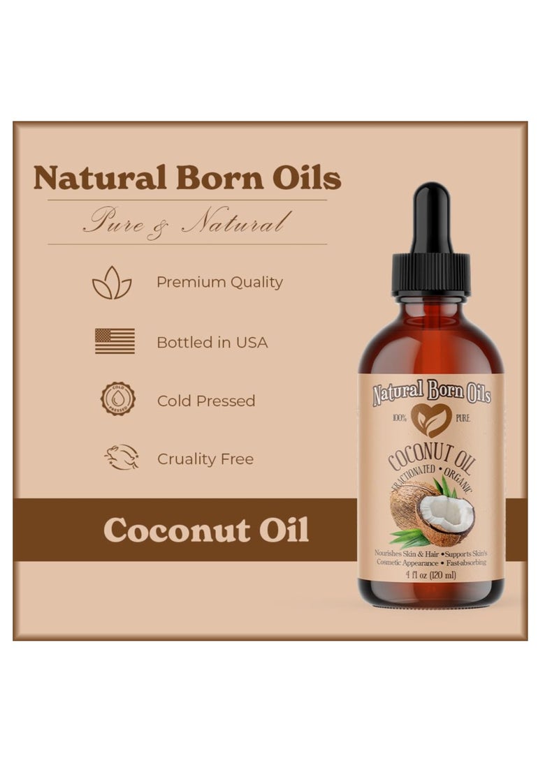 Natural Born Oils Coconut Oil Fractionated, 8oz, Organic, Cold-Pressed, Non-Greasy, Skin Moisturizer, Hair Shine Enhancer