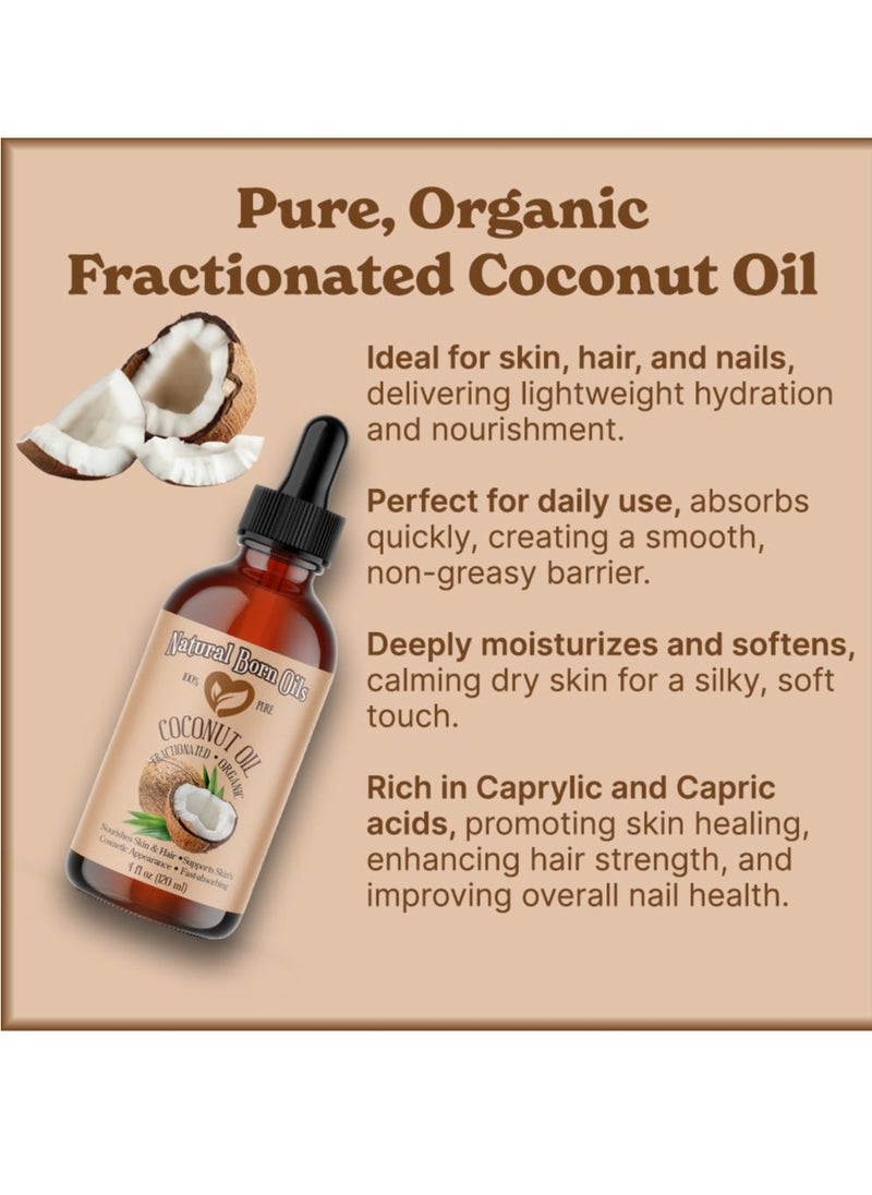 Natural Born Oils Coconut Oil Fractionated, 8oz, Organic, Cold-Pressed, Non-Greasy, Skin Moisturizer, Hair Shine Enhancer
