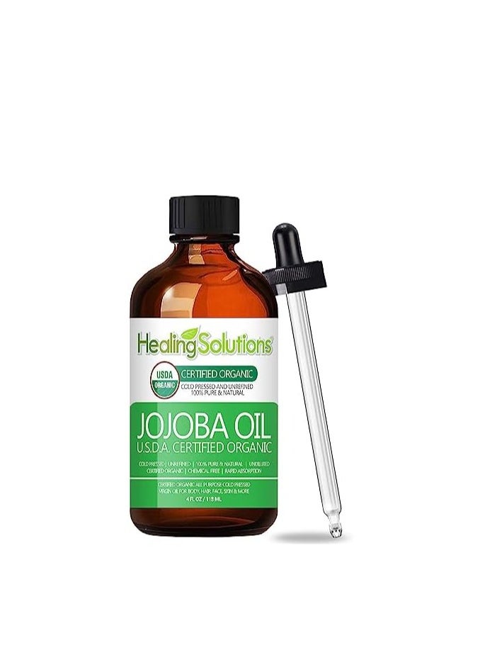 Healing Solutions Organic Jojoba Oil 4oz Cold-Pressed Unrefined for Skin, Hair, Face & Cuticle Moisturizer, Acne Fighter, 118 ml - Cuticle Oil