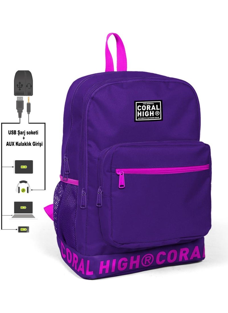 Embroidery Logo Purple Backpack with USB Charging Headphone Output 24109