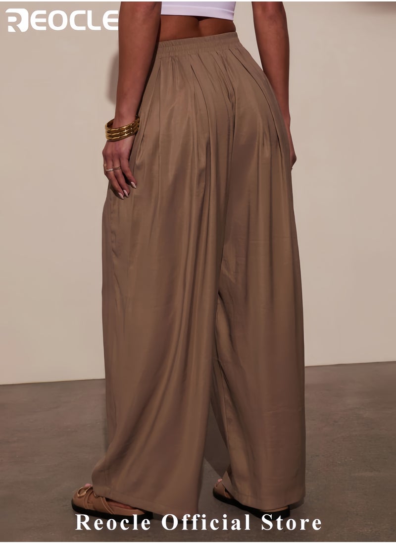 Wide Leg Pants for Women High Waisted Drawsting Casual Loose Work Pants Business Palazzo Trousers with Pockets