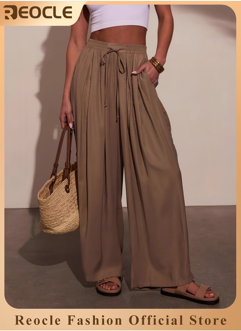 Wide Leg Pants for Women High Waisted Drawsting Casual Loose Work Pants Business Palazzo Trousers with Pockets