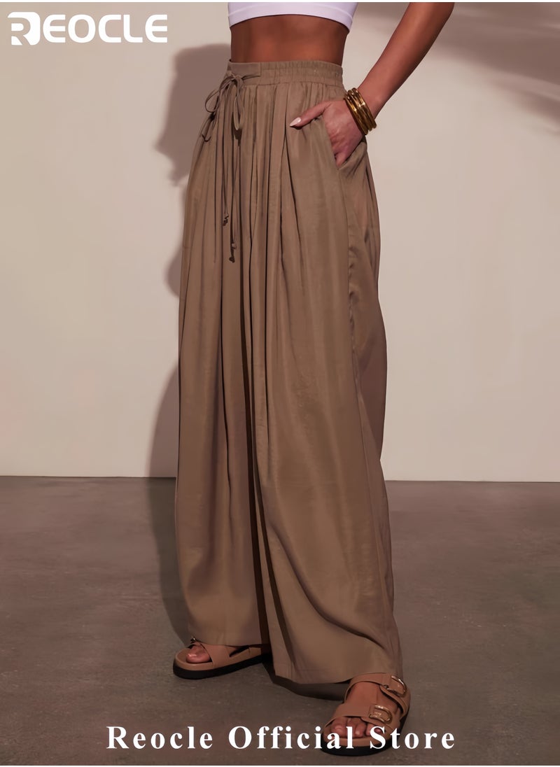 Wide Leg Pants for Women High Waisted Drawsting Casual Loose Work Pants Business Palazzo Trousers with Pockets