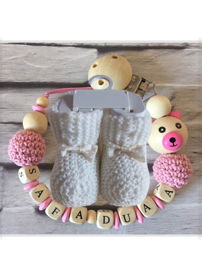 Named Baby Pacifier Chain and White Booties Set BEZYI796