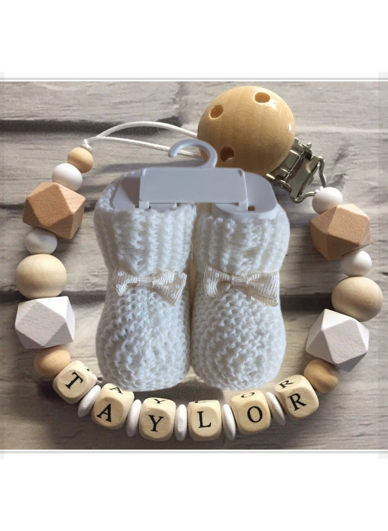 Named Baby Pacifier Chain and White Booties Set BEZYI821