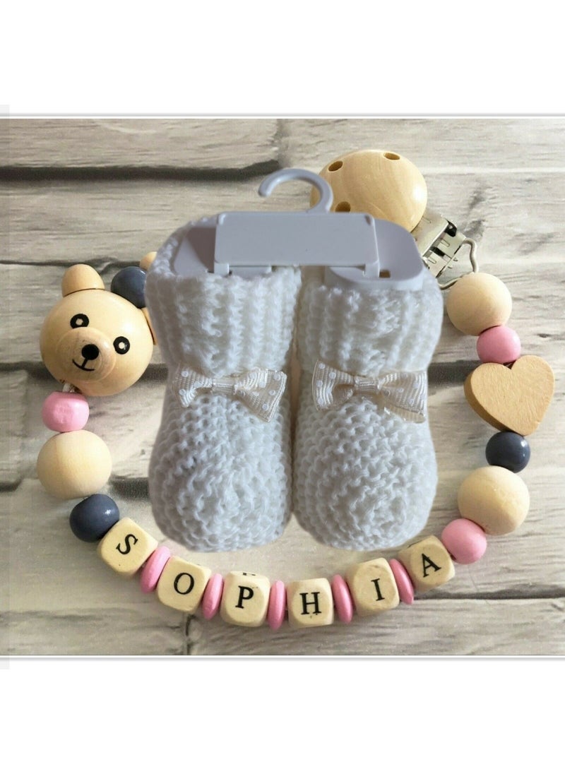 Named Baby Pacifier Chain and White Color Booties Set - SAHI_0467