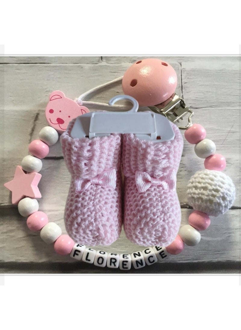 Named Baby Pacifier Chain and Pink Color Booties Set - SAHI_0389