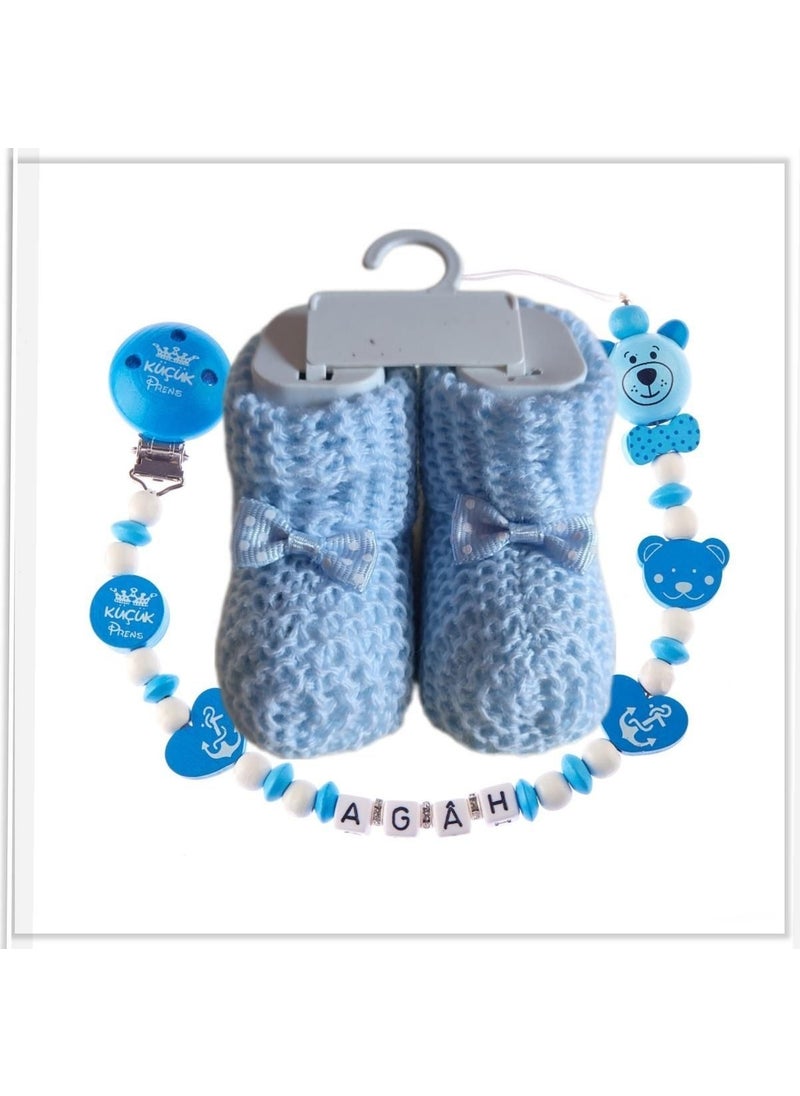 Named Baby Pacifier Chain and Blue Color Booties Set - SAHI_0346