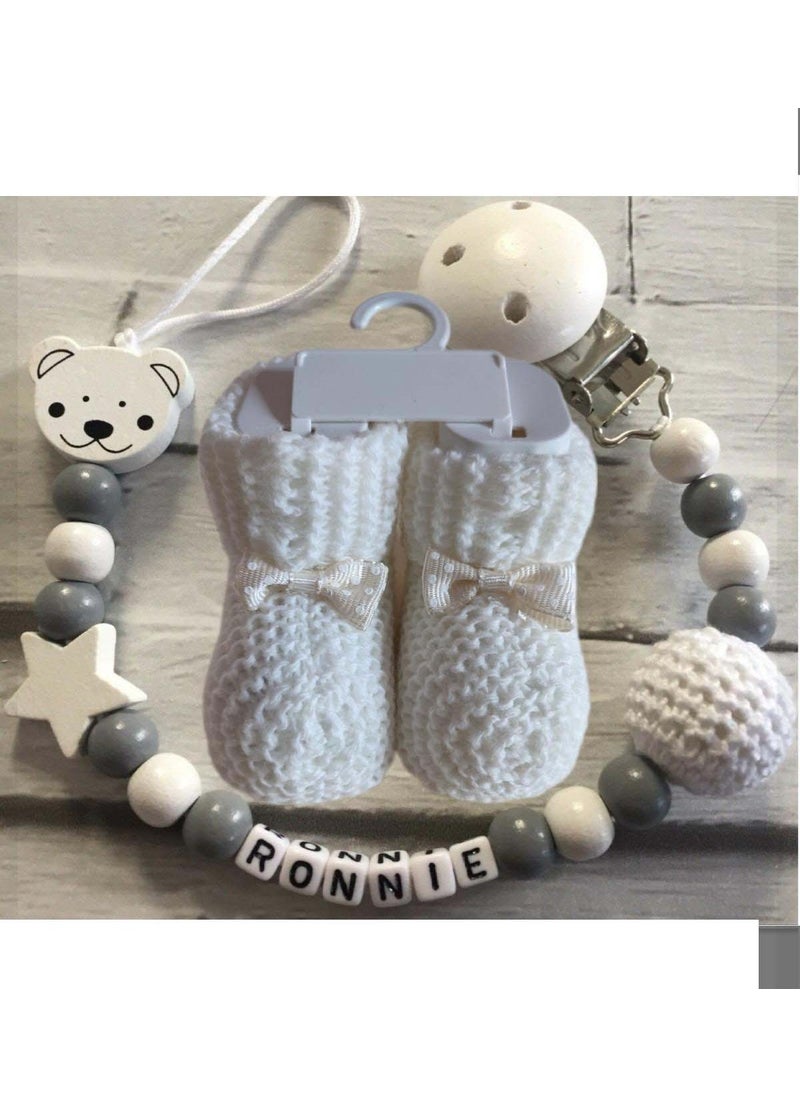 Named Baby Pacifier Chain and White Baby Booties Set