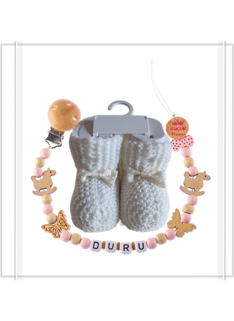 Named Baby Pacifier Chain and White Color Booties Set - SAHI_0546
