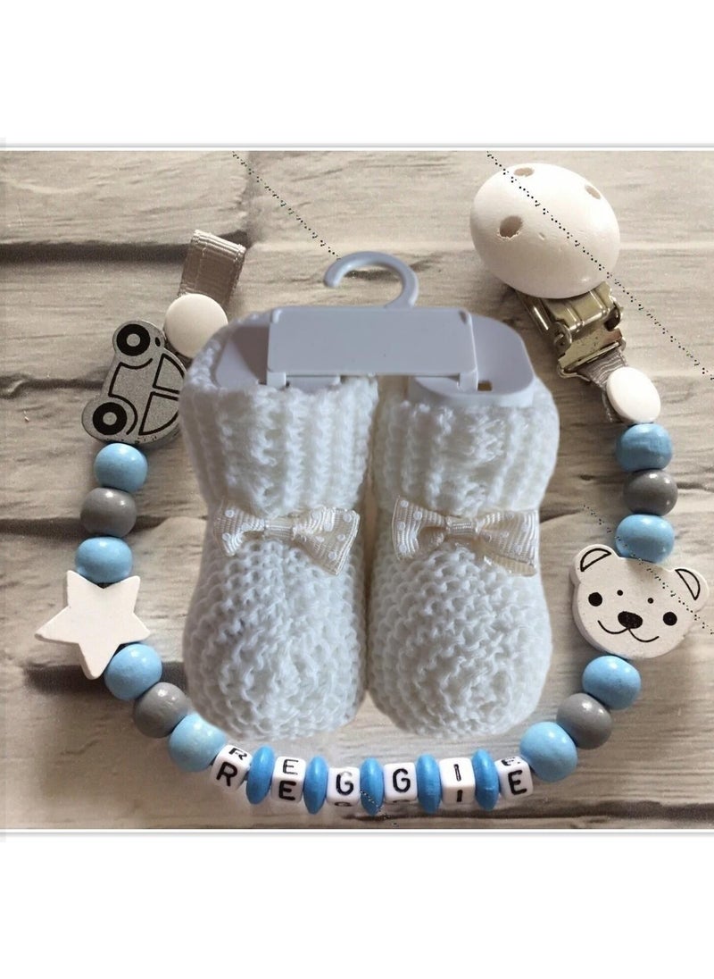 Named Baby Pacifier Chain and White Color Booties Set - SAHI_0434