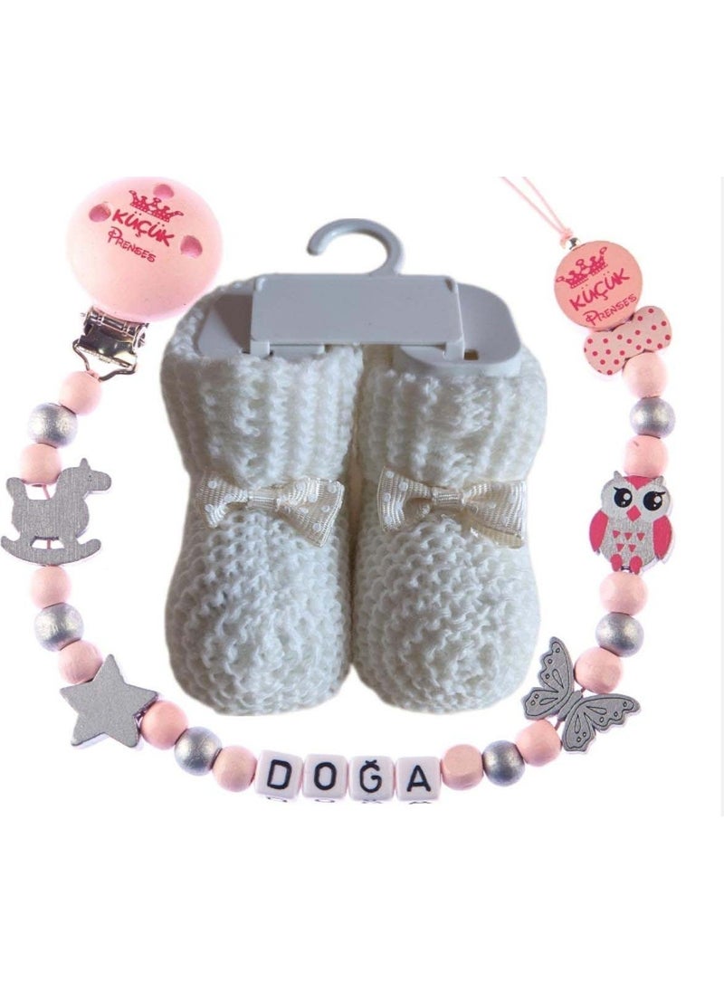 Named Baby Pacifier Chain and White Baby Booties Set