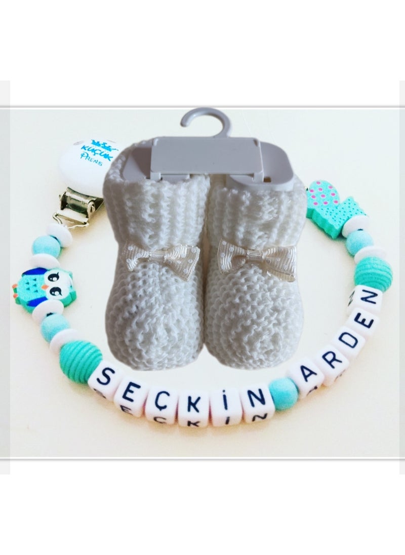 Named Baby Pacifier Chain and White Booties Set BEZYI874