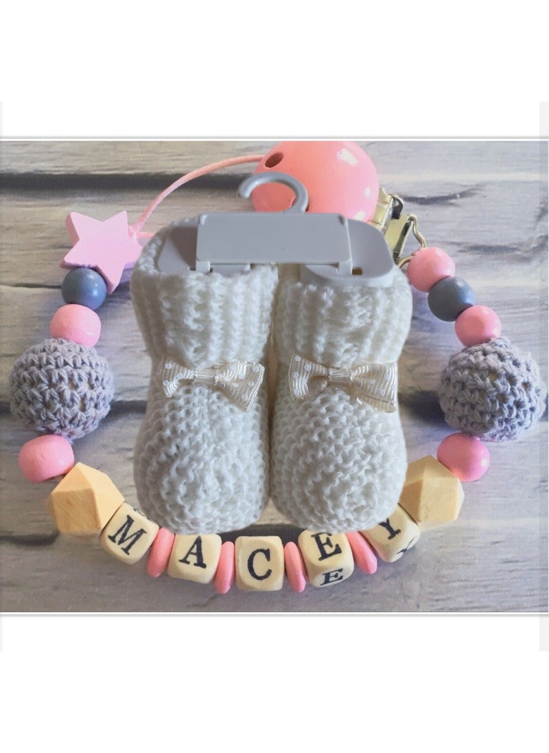 Named Baby Pacifier Chain and White Booties Set BEZYI823