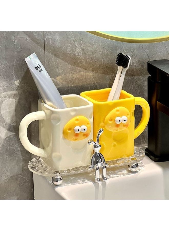 Creative Couple Toothbrushing Set Cheese Design Bathroom Dental Cups High Aesthetic Value Luxury Tooth Goblets Ceramic Mugs-Color:Ceramic Cheese Cup-Milk White-Capacity:Standard