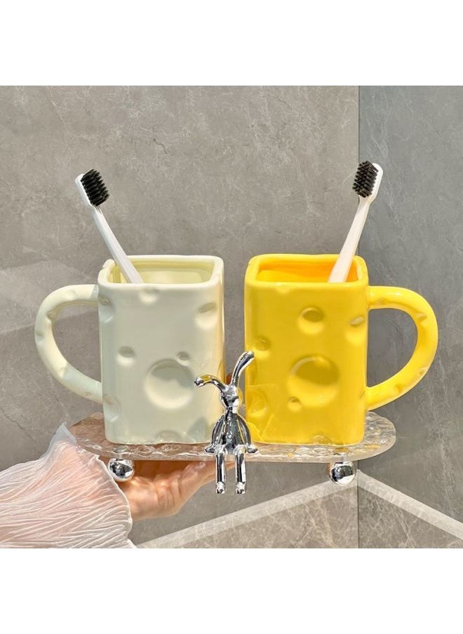 Creative Couple Toothbrushing Set Cheese Design Bathroom Dental Cups High Aesthetic Value Luxury Tooth Goblets Ceramic Mugs-Color:Ceramic Cheese Cup-Milk White-Capacity:Standard