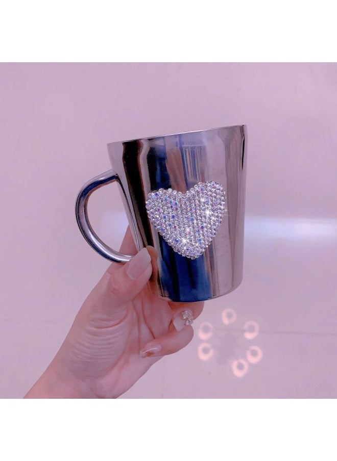 Creative Ins Diamond-encrusted Love Water Cup High-value 304 Stainless Steel Coffee Cup Portable Office Home Mug-Color:XZ9100 Diamond Love Stainless Steel Water Cup-Capacity:201-300ml