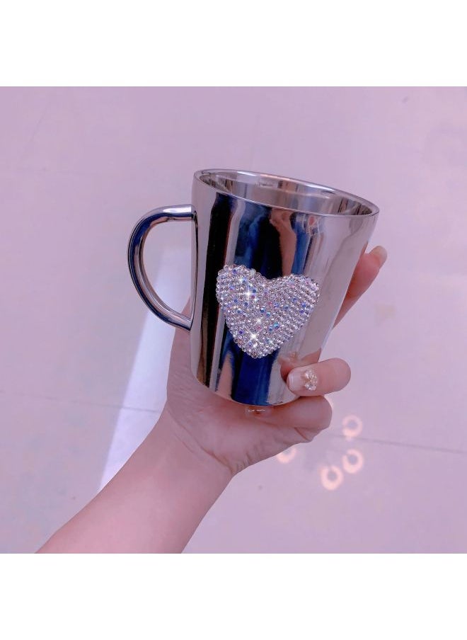 Creative Ins Diamond-encrusted Love Water Cup High-value 304 Stainless Steel Coffee Cup Portable Office Home Mug-Color:XZ9100 Diamond Love Stainless Steel Water Cup-Capacity:201-300ml